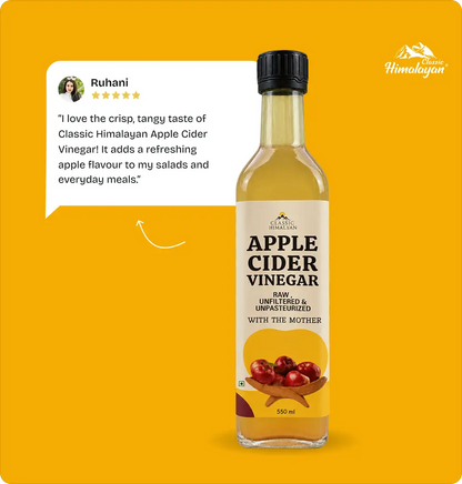 A bottle of Himalayan Apple Cider Vinegar  with a customer review