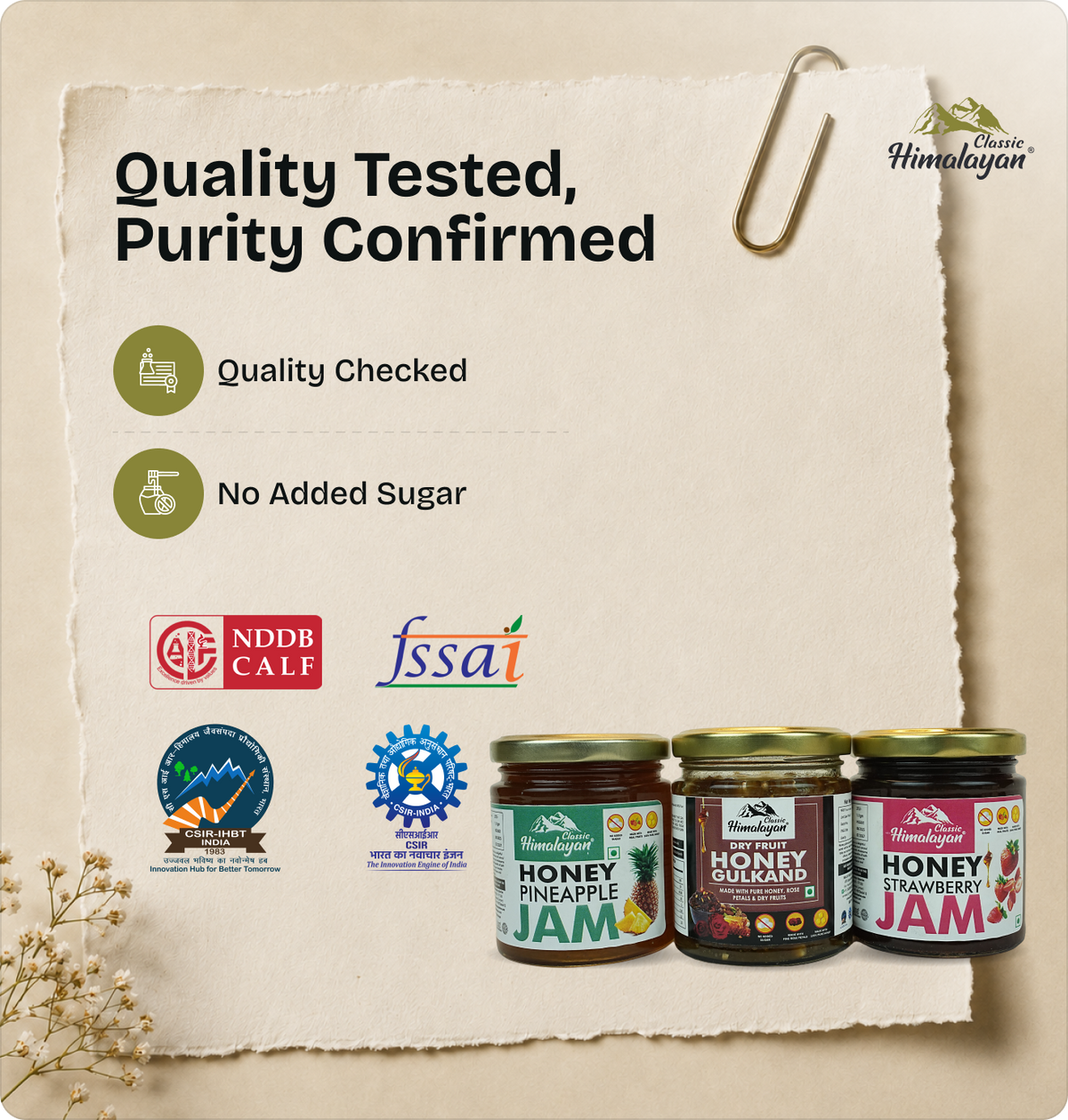 Three glass jars of Himalayan honey jams are displayed on a styled beige paper background with promotional text and certification logos.