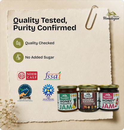Three glass jars of Himalayan honey jams are displayed on a styled beige paper background with promotional text and certification logos.