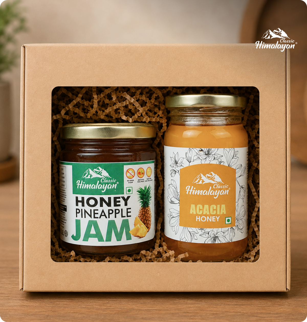 A gift box containing two jars of Himalayan honey: Honey Pineapple Jam and Acacia Honey.