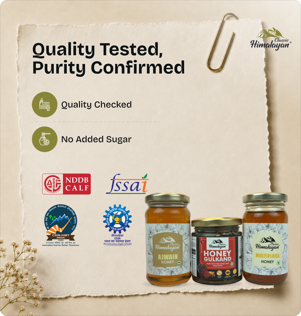 Quality-tested Himalayan honey jars with purity badges.