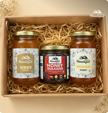 Himalayan honey gift box with three honey jars.