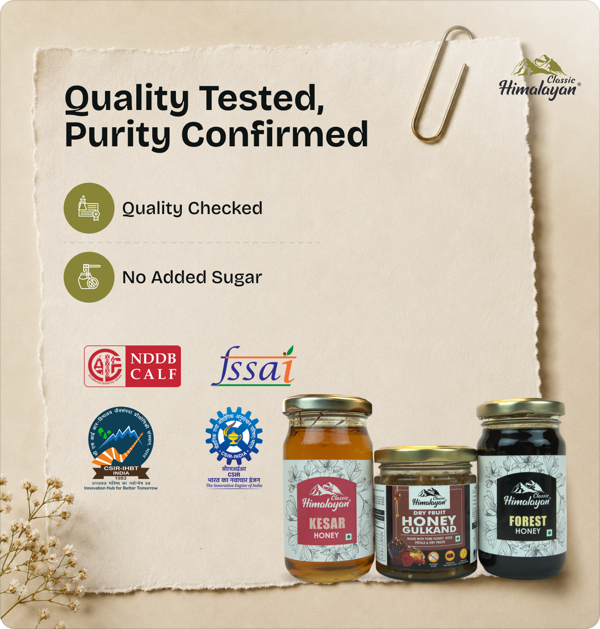 Quality-tested Himalayan honey and spreads with certification logos.
