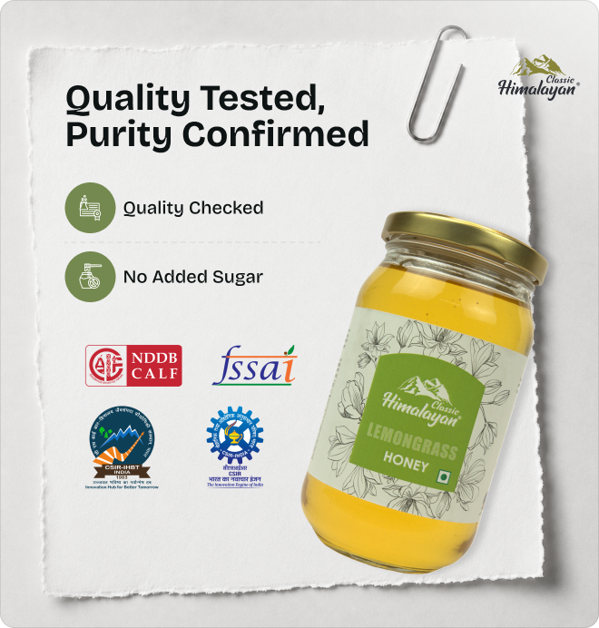 Himalayan Lemongrass Honey with quality and purity certifications.