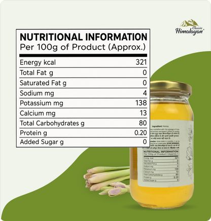 Himalayan Lemongrass Honey jar with nutrition facts.