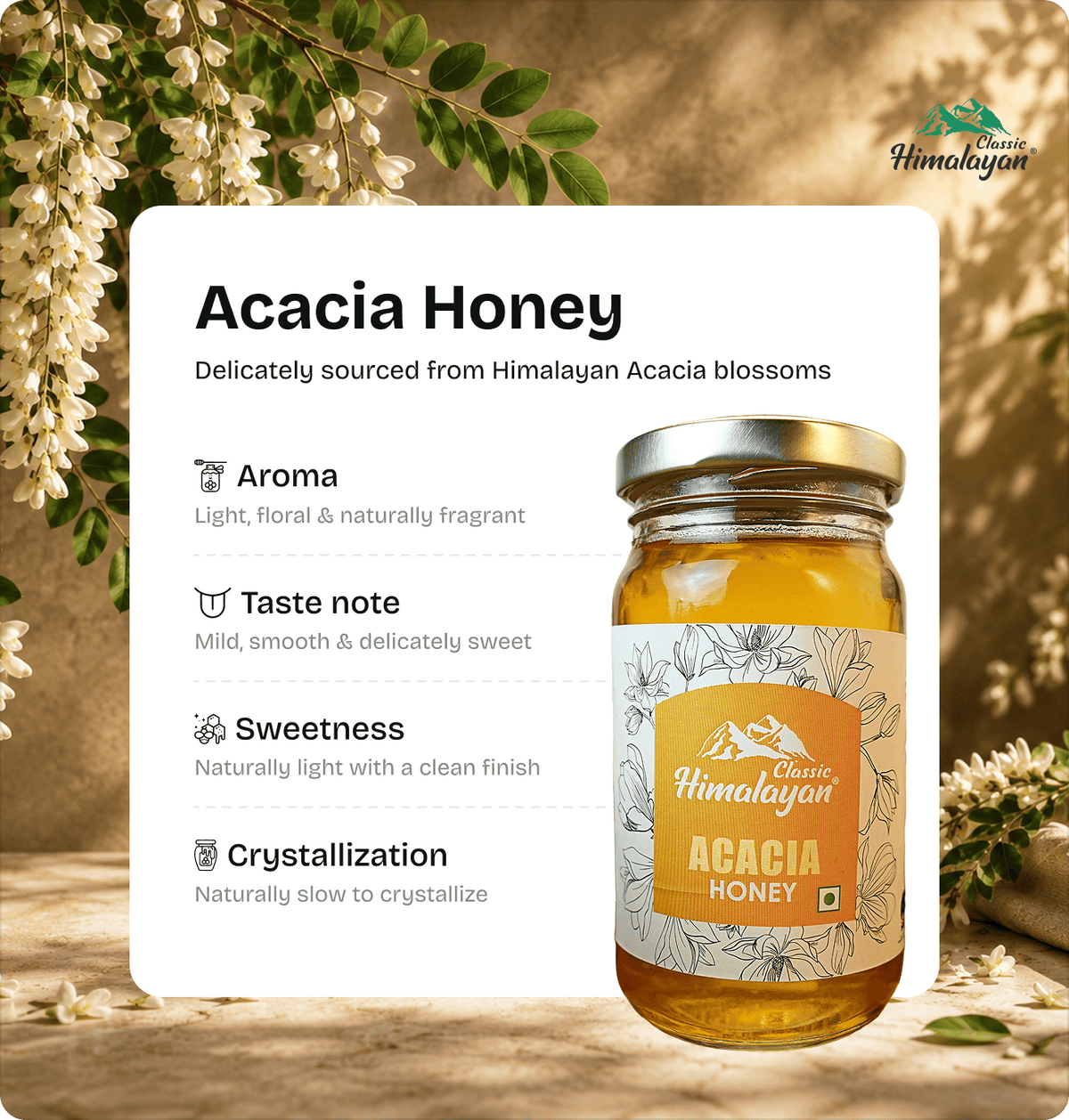 Classic Himalayan Acacia Honey with product details and benefits.