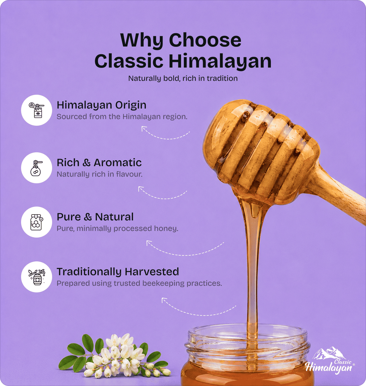 Himalayan honey on a lavender background, showing a wooden honey dipper dripping honey into a glass jar.