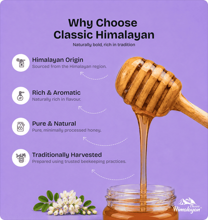Himalayan honey on a lavender background, showing a wooden honey dipper dripping honey into a glass jar.