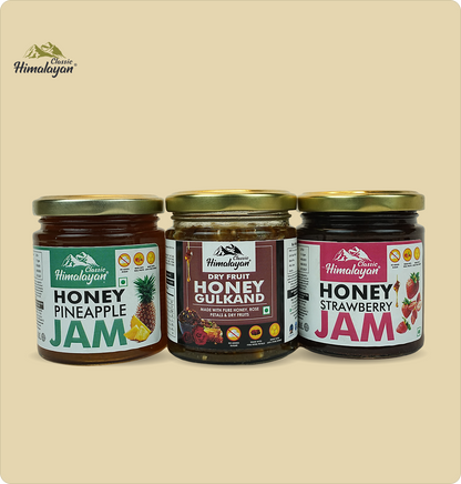 Three glass jars of Himalayan honey :Honey Pineapple Jam, Honey Gulkand, and Honey Strawberry Jam.
