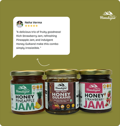 Three jars of Himalayan honey spreads on an olive green background Honey Pineapple Jam, Organic Honey Gulkand, and Honey Strawberry Jam. A customer review speech bubble above praises the trio.