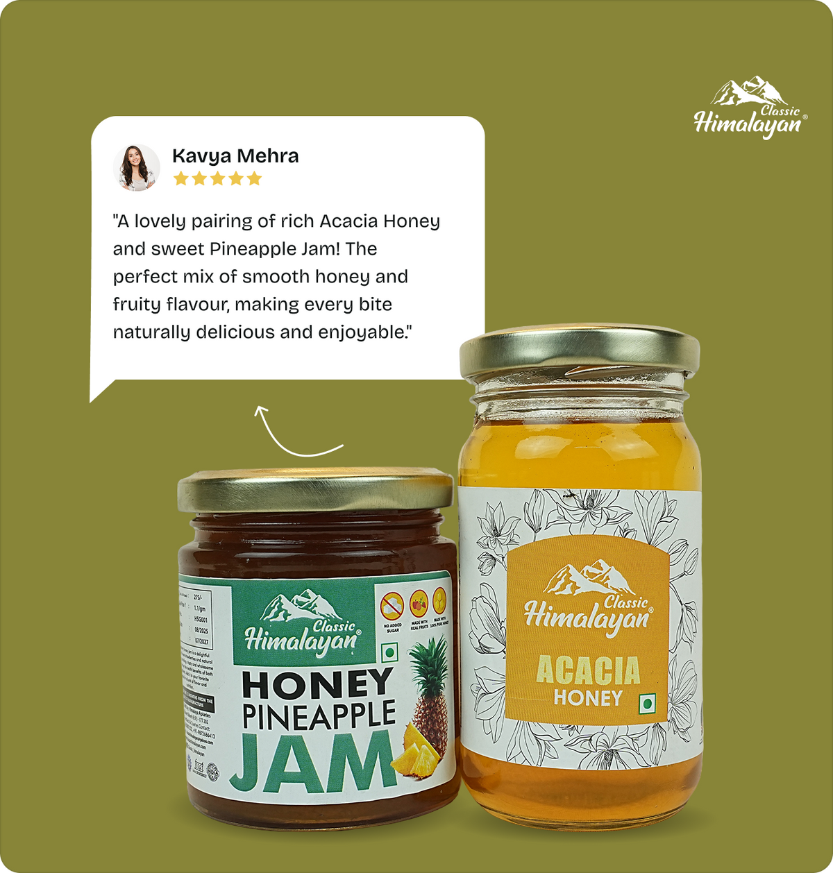 Two jars of Himalayon honey on an olive green background: Classic Himalayon Honey Pineapple Jam and Classic Himalayon Acacia Honey, with a customer review.