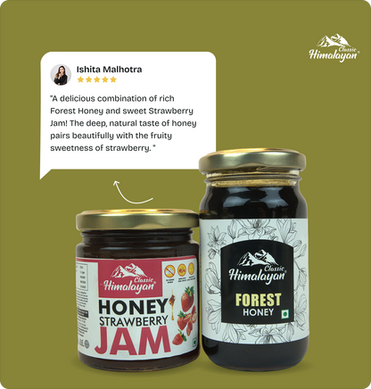 Two jars of Himalayon jam on an olive green background: a Classic Himalayon Forest Honey jar on the right and a Classic Himalayon Honey Strawberry Jam jar on the left. A customer review speech bubble points to the jam jars.