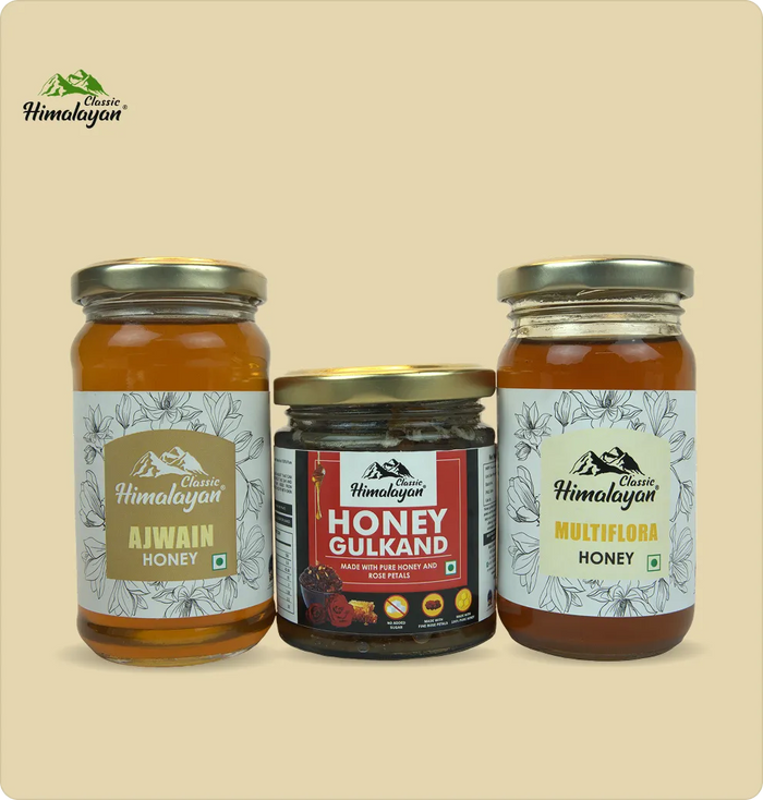 Three glass jars of Classic Himalayan honey products including Ajwain Honey, Honey Gulkand, and Multiflora Honey.