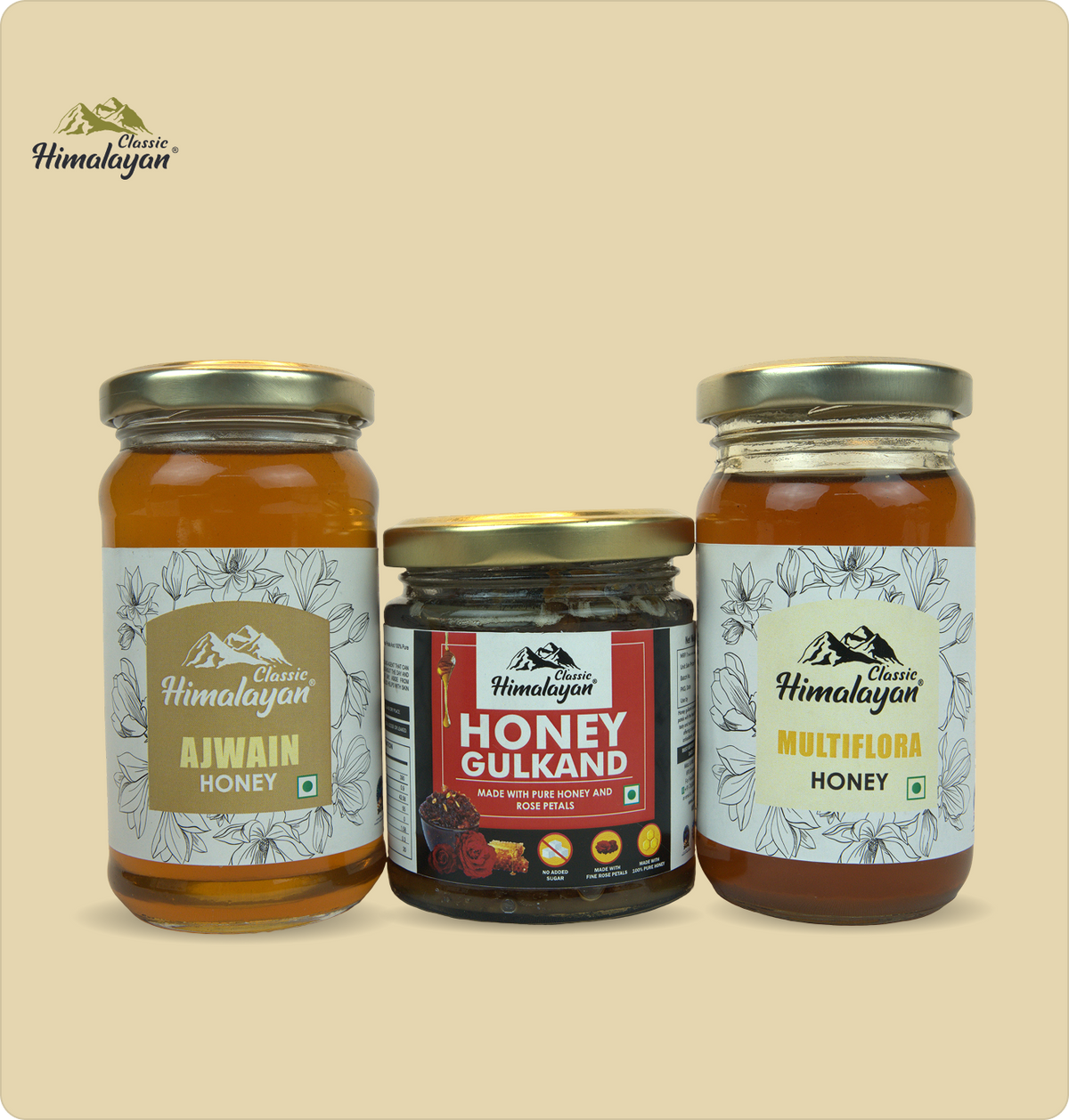 Ajwain, Honey Gulkand, and Multiflora Honey jars.