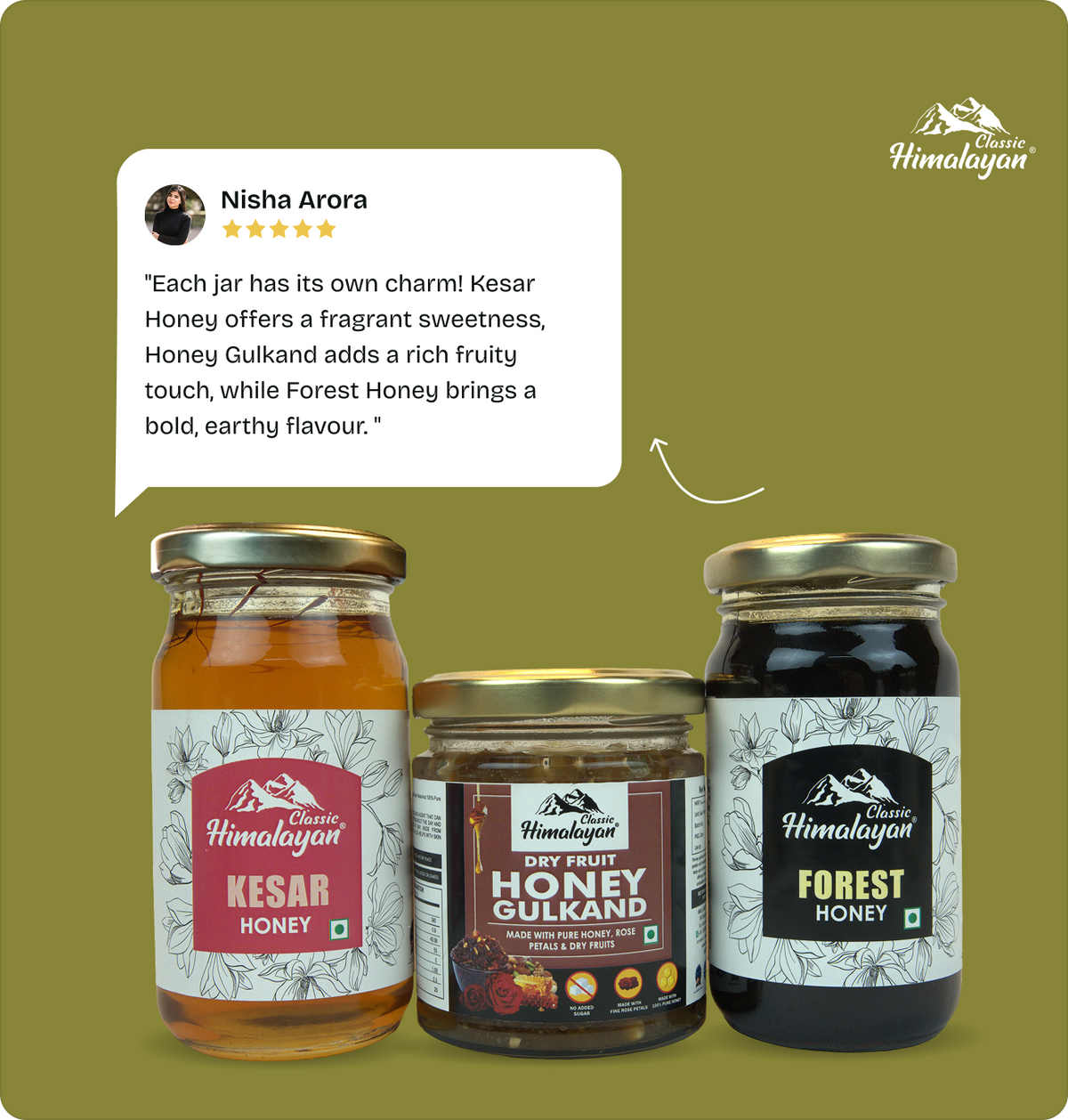 Kesar, dry fruit honey gulkand, and forest honey jars with review.