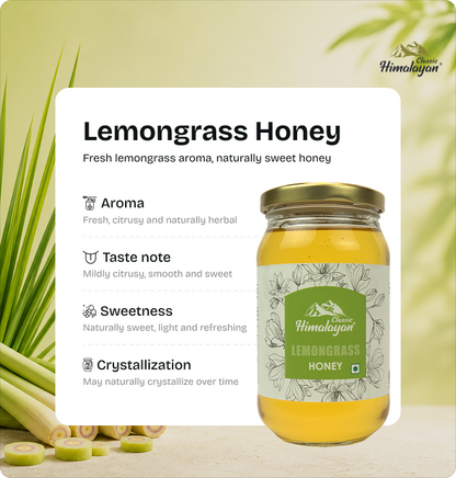 Himalayan Lemongrass Honey jar with fresh lemongrass.