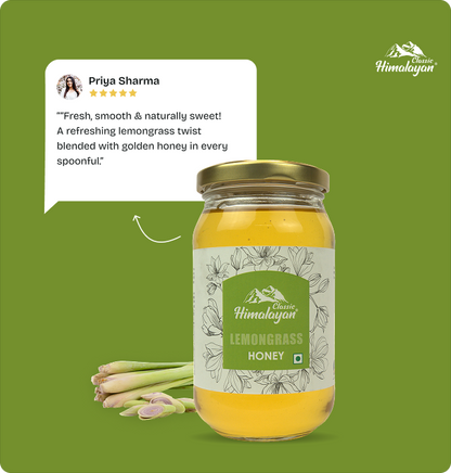 Himalayan Lemongrass Honey jar with customer review.