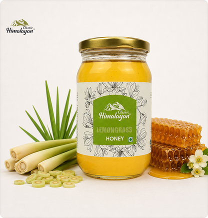 Himalayan Lemongrass Honey jar with lemongrass and honeycomb.
