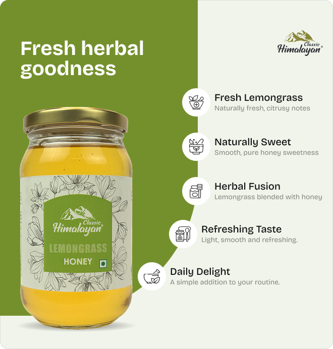 Classic Himalayan Lemongrass Honey with key benefits.