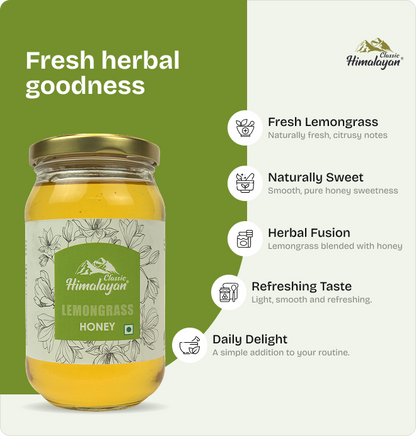 Classic Himalayan Lemongrass Honey with key benefits.