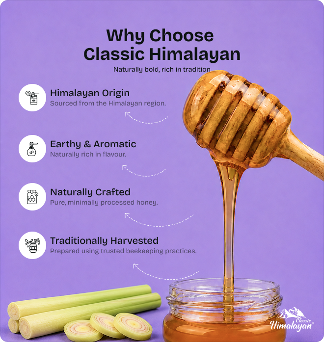 Classic Himalayan honey with lemongrass and key benefits.