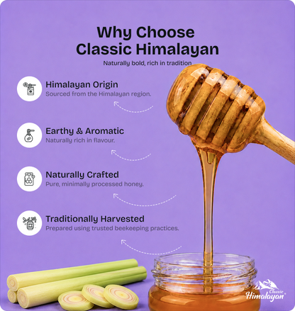 Classic Himalayan honey with lemongrass and key benefits.