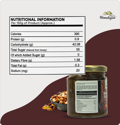A jar with prominent nutritional information label overlay. The jar has a gold lid and a white label with black text.