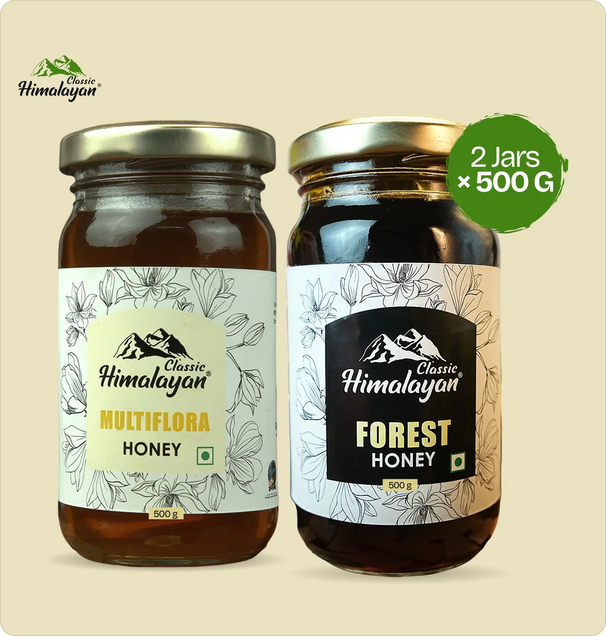 Two jars of Classic Himalayan honey - 500g jar of Multiflora Honey and a 500g jar of Forest Honey.