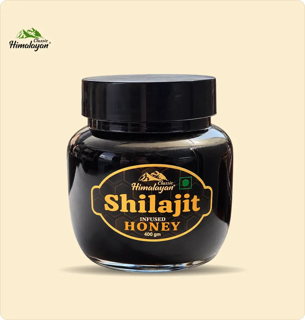A jar of Classic Himalayan Shilajit Infused Honey.