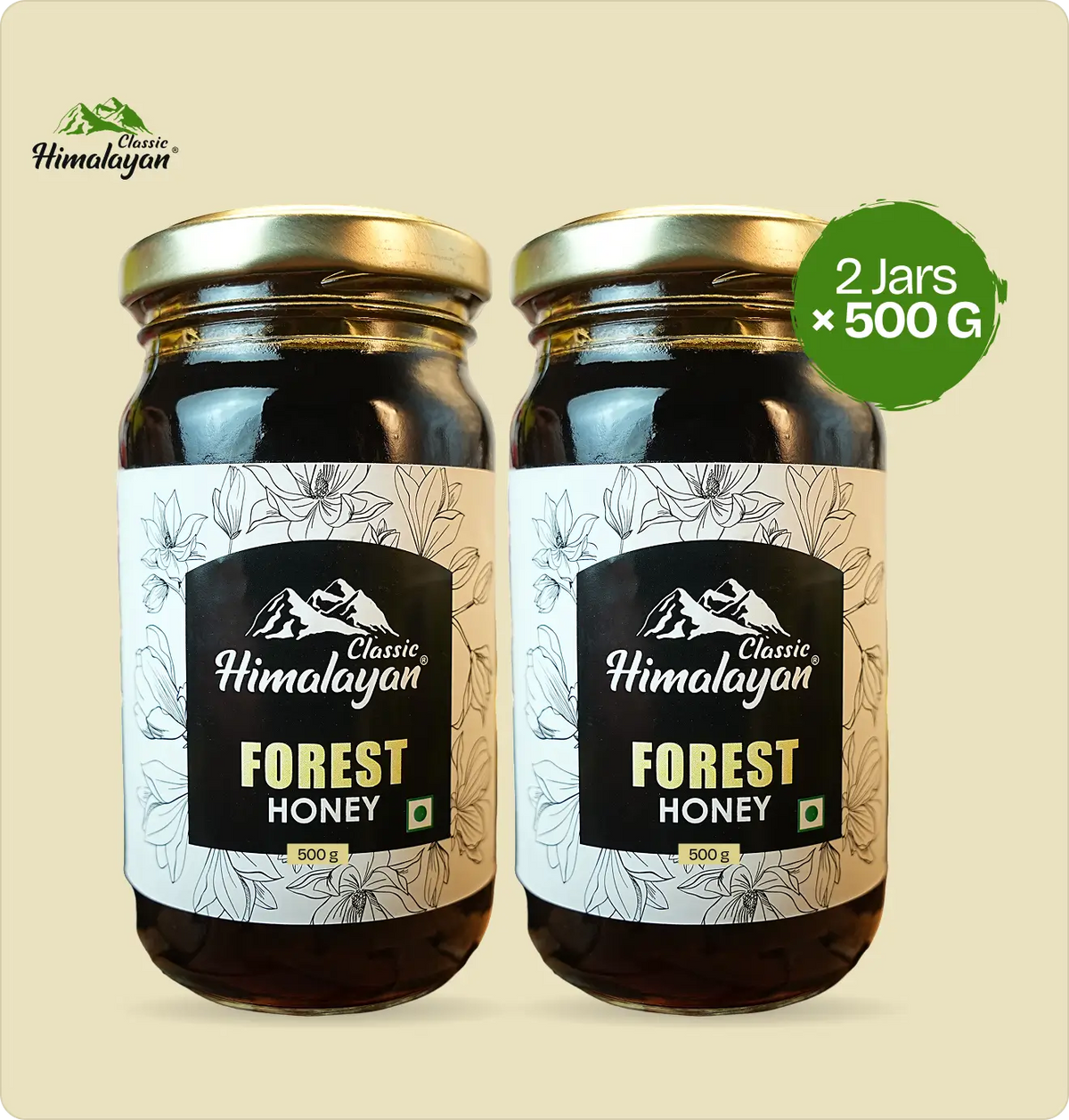 Two jars of Classic Himalayan Forest Honey displayed 500 G each