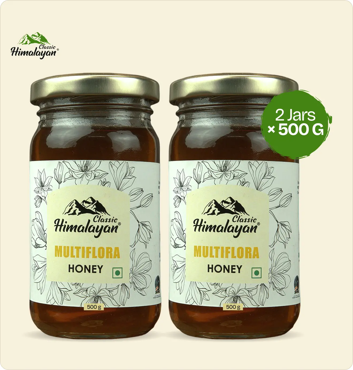 Two glass jars of Classic Himalayan Multiflora Honey 500 G