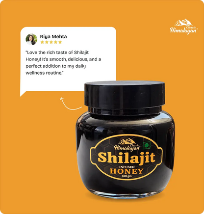 A jar of Himalayan infused honey with review in bubble.