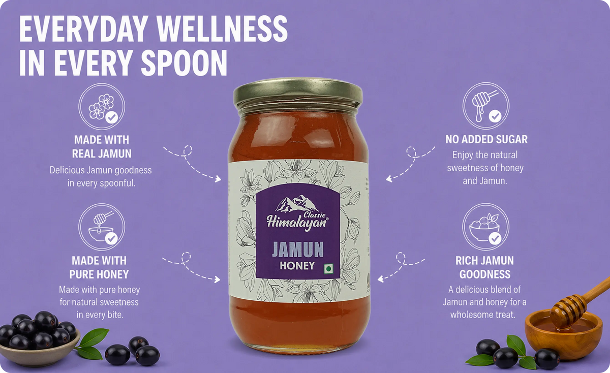 Himalayan Jamun honey jar on lavender background