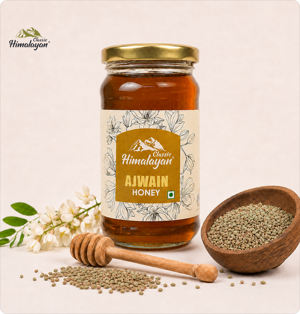 Classic Himalayan Ajwain Honey with ajwain seeds.