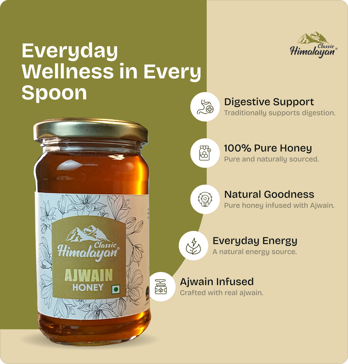 Classic Himalayan Ajwain Honey with key benefits.