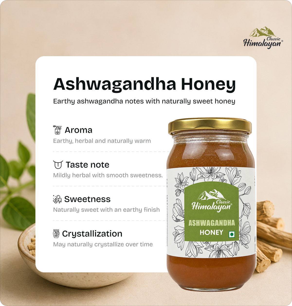Himalayan Ashwagandha Honey flavor notes information card
