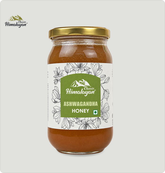 Classic Himalayan Ashwagandha Honey jar on gray background