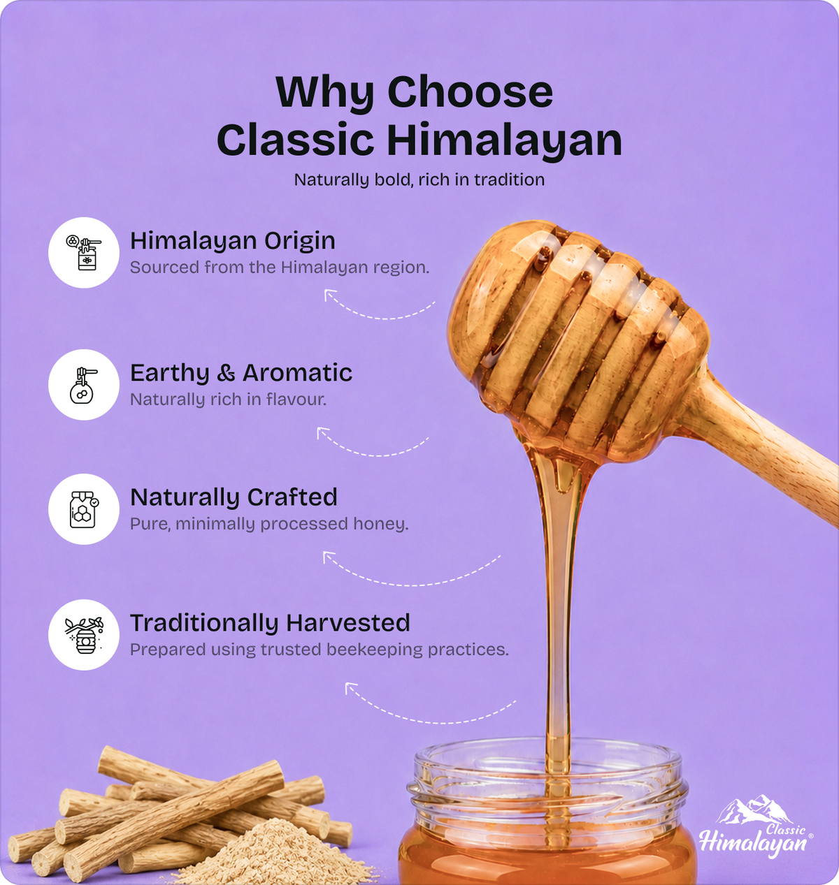 Classic Himalayan Ashwagandha honey dipper dripping into jar