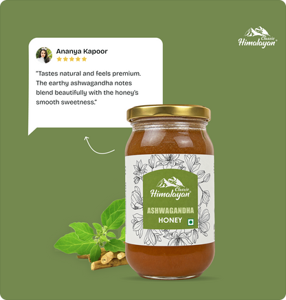 A jar of Himalayan Ashwagandha Honey featuring a customer review