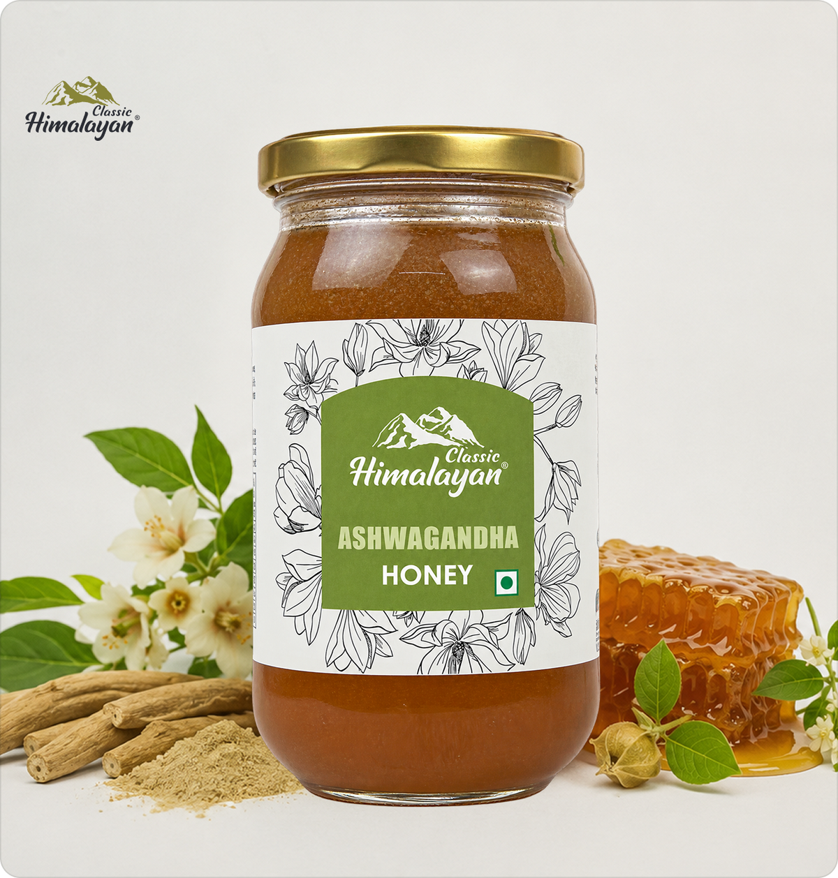 Classic Himalayan Ashwagandha Honey with honeycomb and cinnamon