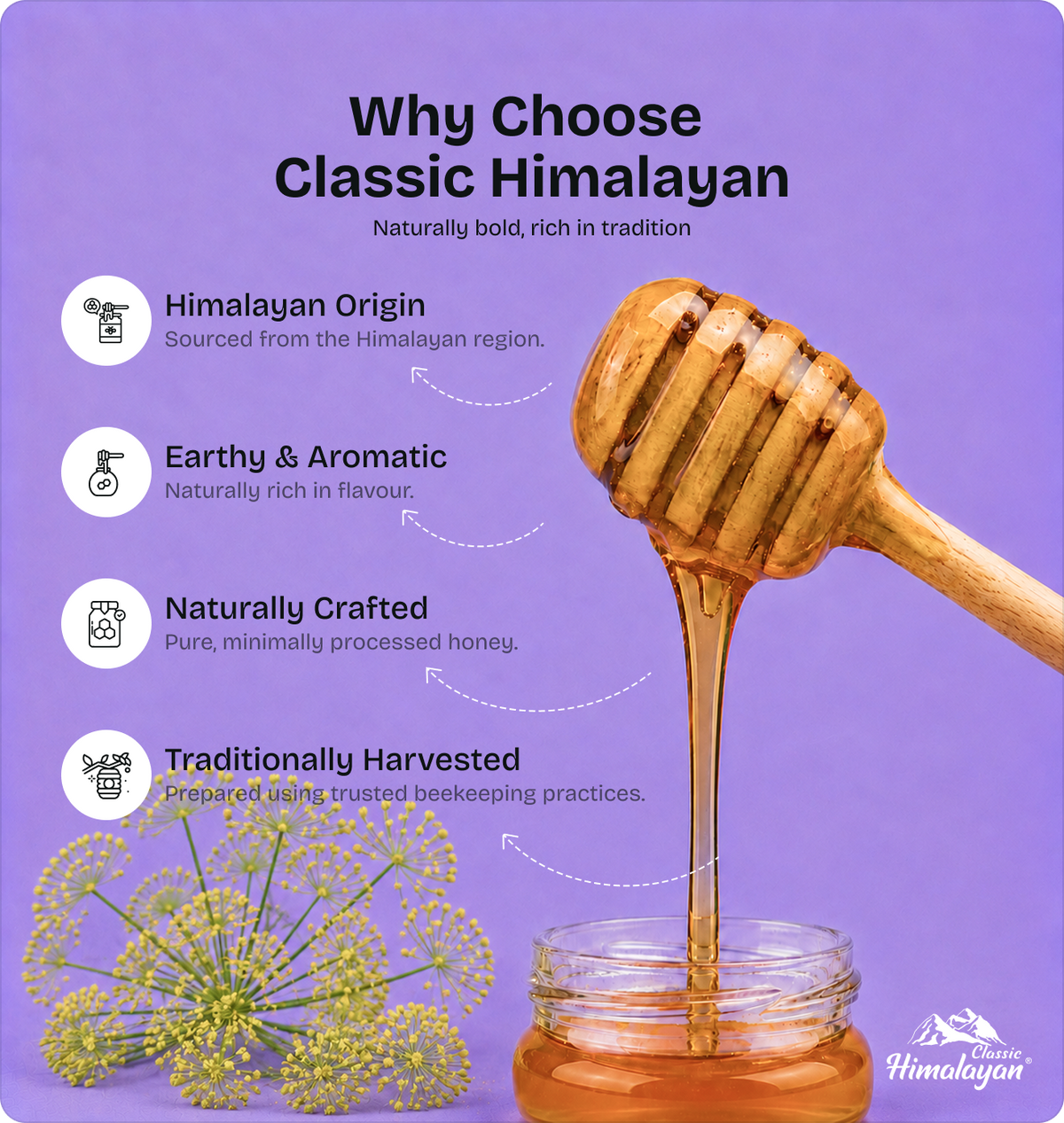 Classic Himalayan Honey with Himalayan origin highlights.