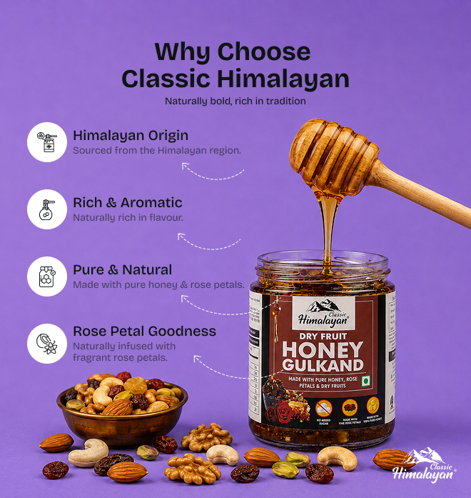 Classic Himalayan Dry Fruit Gulkand dipper with almonds, purple background