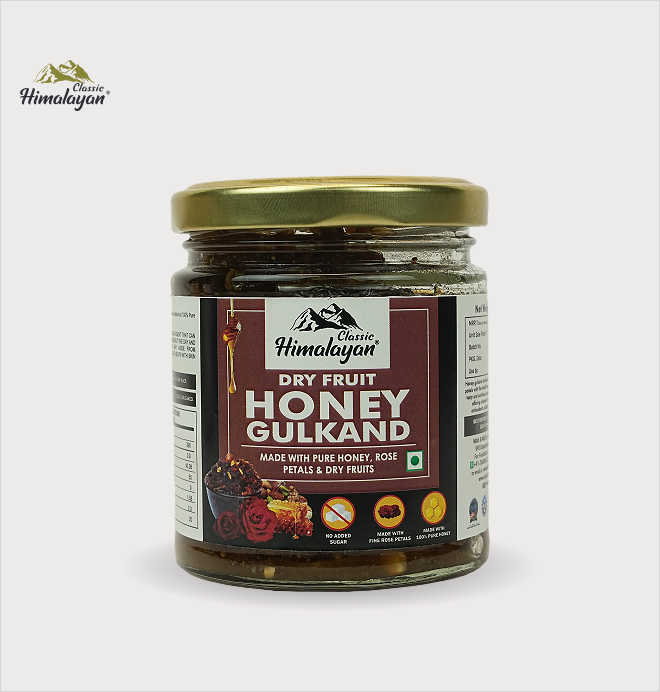 Classic Himalayan Dry Fruit Gulkand jar on gray background