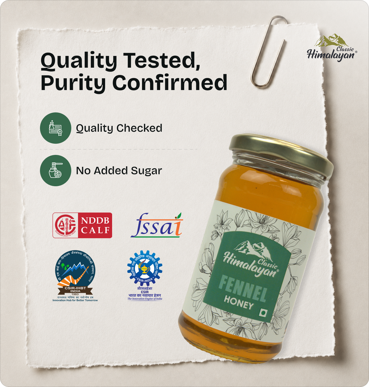 Himalayan Fennel Honey with certification logos.
