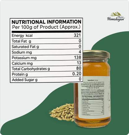 fennel Honey jar with nutrition facts and oats.