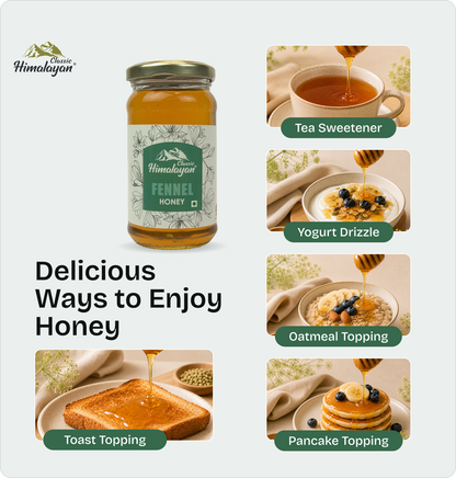 Himalayan Fennel Honey with food-use ideas.