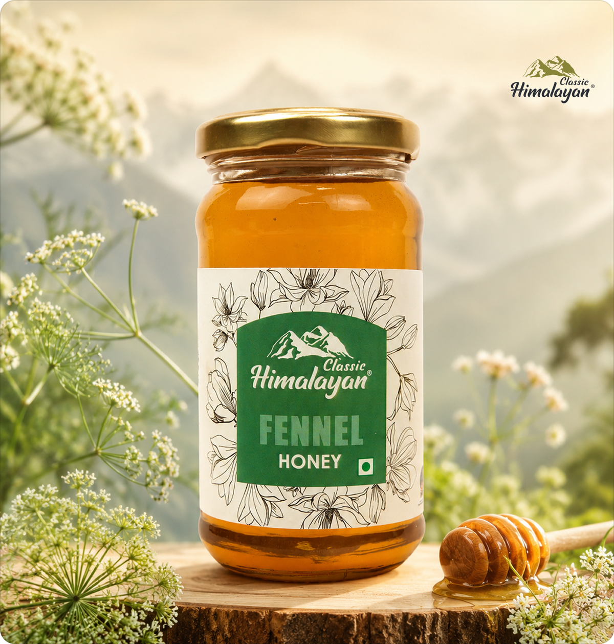 Classic Himalayan Fennel Honey with fennel flowers.