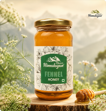 Classic Himalayan Fennel Honey with fennel flowers.