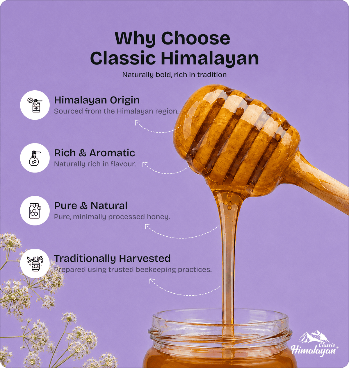 Classic Himalayan honey dripping from wooden dipper into jar