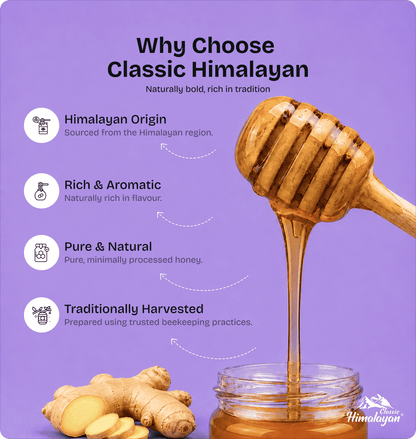 Classic Himalayan Ginger Honey dipper with ginger root, lavender background